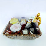 Gift basket contains lemon oil soap with shea butter, raw shea butter, pure argan oil 60ml, Essential Freshness natural deodrant, solid perfume, lip balm. Monarchess, Irbid, Amman, Jordan.