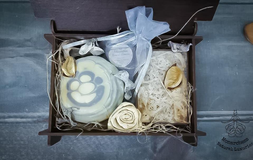 Elegant Wooden Gift Box. Contains two pieces of natural soap and a lip balm. Monarchess Natural Luxuries skincare products. monarchess, Amman, Jordan