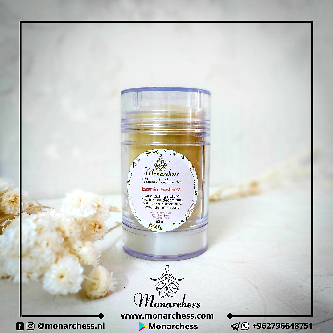 Essential Freshness deodorant. Natural deodorant with shea butter, tea tree oil, lemon oil, and beewax. Monarchess Natural Luxuries skincare products. Monarchess, Amman, Jordan