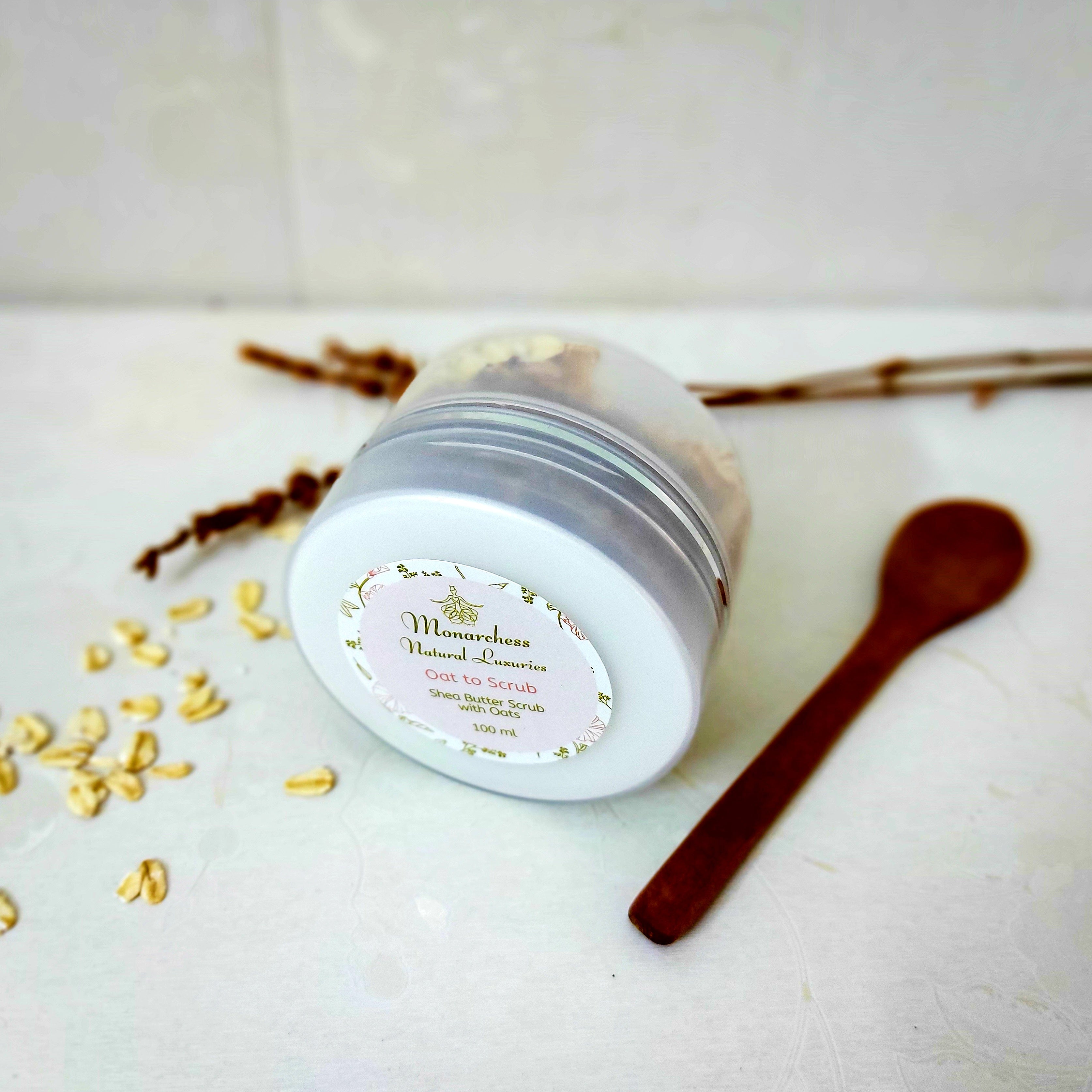 Oat to Scrub. Natural moisturizing scrub with shea butter, coconut oil, and oats. 100 ml. Monarchess Natural Luxuries skin care products. monarchess, Amman, Jordan