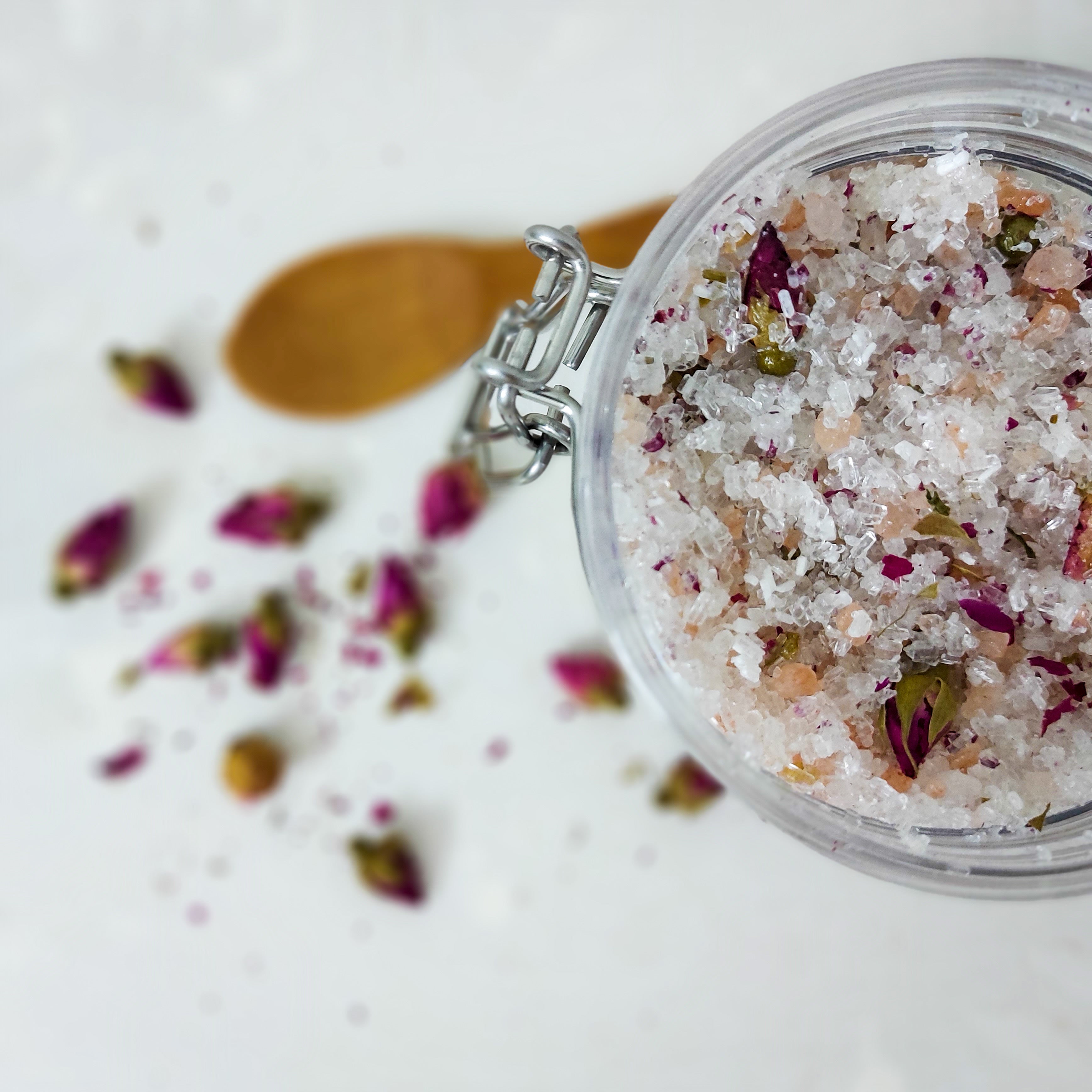 Take me to Everest natural bath salts with shea butter, rose oil, Dead Sea salts, Himalayan salts, and dried roses. 350 ml. Monarchess Natural Luxuries skincare products. monarchess, Amman, Jordan