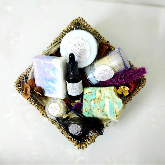Gift basket contains lavender oil soap with shea butter, argan oil soap with shea butter, lavender body butter with shea butter, pure argan oil 30ml, Essential Freshness natural deodrant, solid perfume, lip balm. Monarchess, Amman, Jordan.