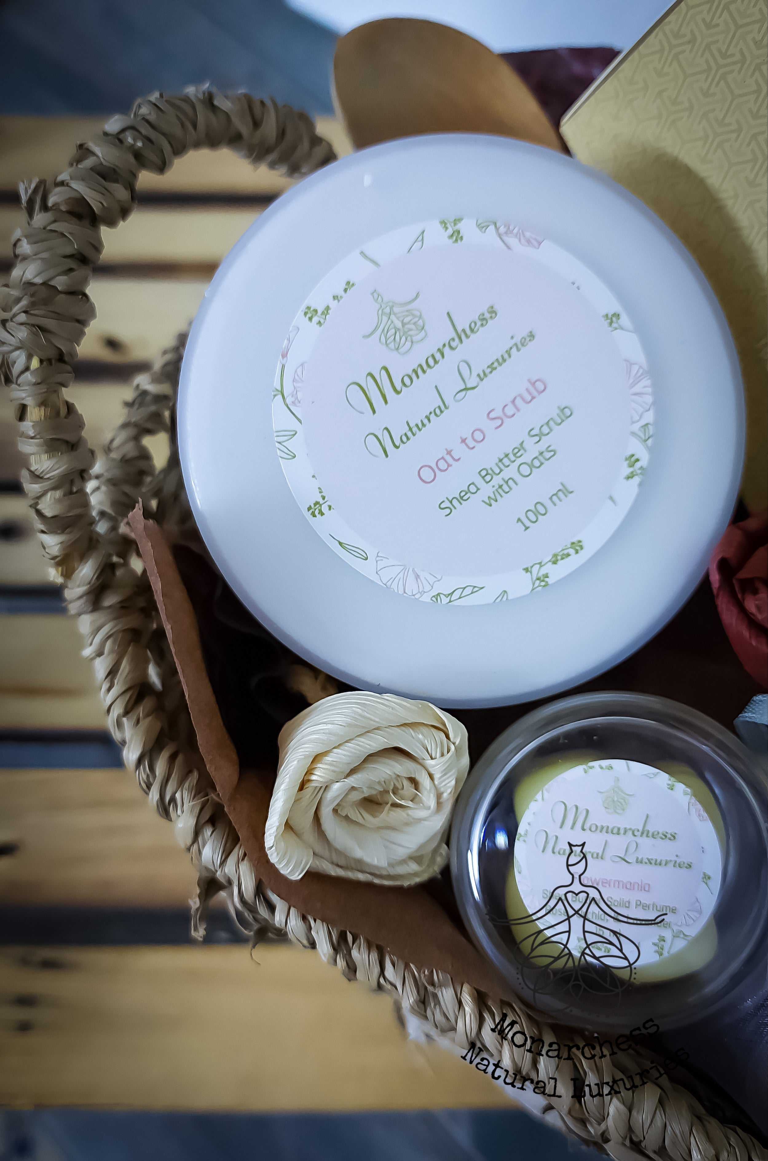 Gift Basket with two pieces of natural shea butter soap with different natural additives: rose oil, and matcha tea, solid perfume, body scrub, lip balm, and pure argan oil 60ml, in a beautiful gift basket. Monarchess Natural Luxuries skincare products. Monarchess, Amman, Jordan